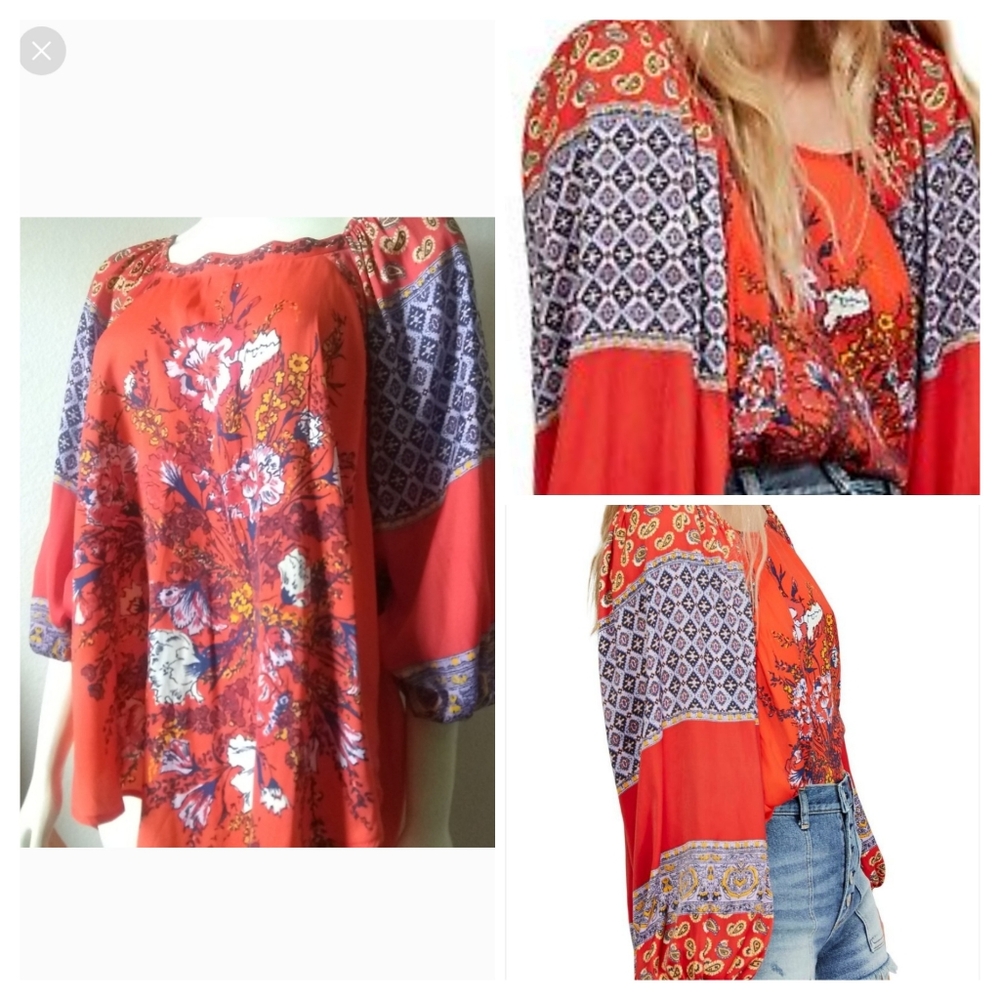 Free People Silk-Like Positano Printed Balloon Sleeves Blouse Sz Medium